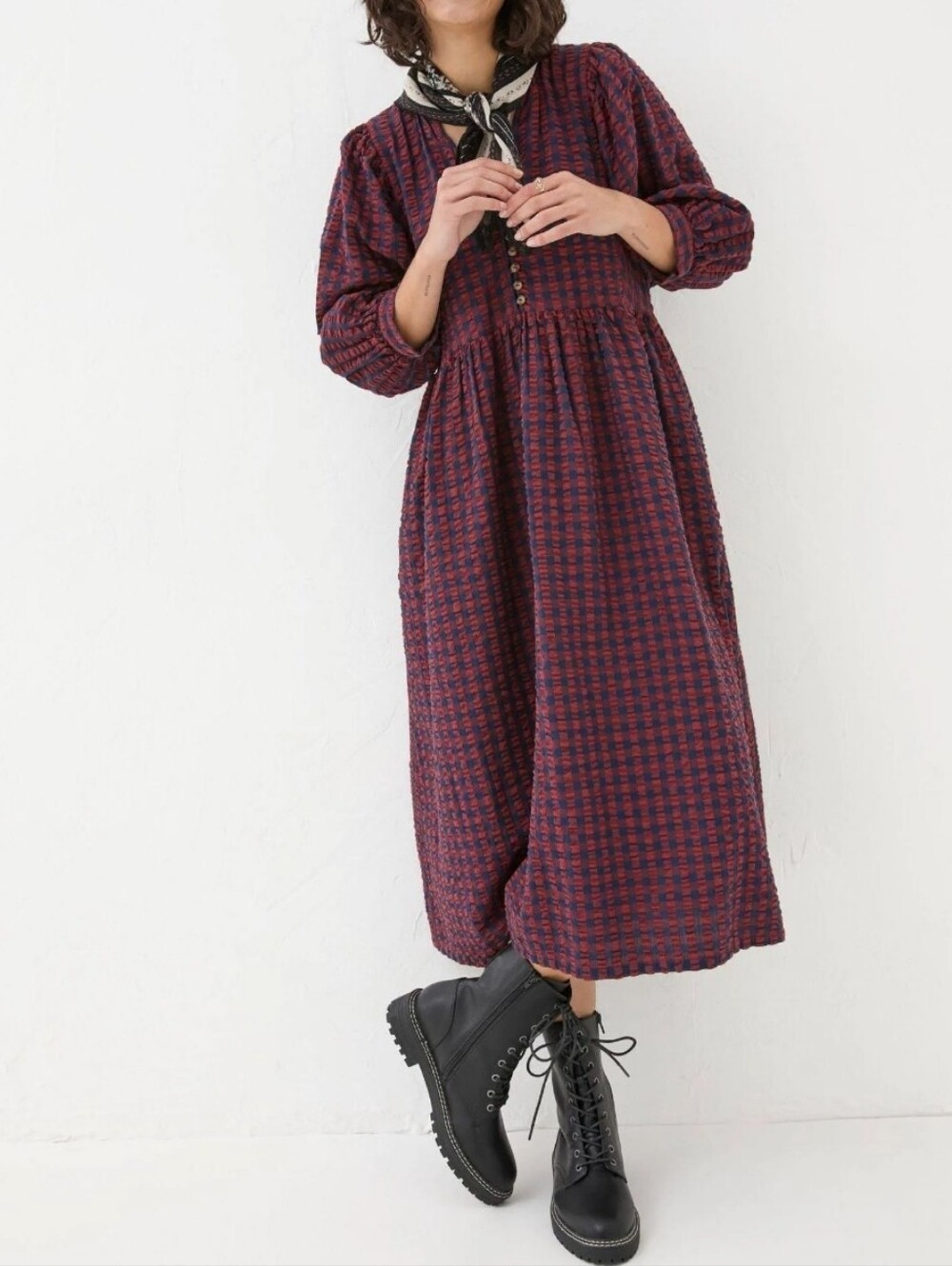 FatFace Ceil Gingham Midi Dress Size 10 Burgundy Gingham Seersucker Cottagecore